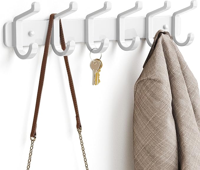 Coat Rack Wall Mounted Heavy-Duty: Metal Coat Hanger 6 Hooks for Hanging Hat, Clothes, Robe, Keys, Backpack, Bathroom Towels, Jacket, Purse - Closet, Door, Entryway, Mudroom (White, 1 Pack)