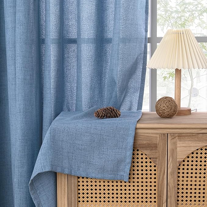 YoungsTex Denim Blue Linen Curtains 36 Inches Long for Bathroom Window, Small Drapes Light Filtering with Rod Pocket Back Tab Ocean Style for Kitchen Cafe Windows, 2 Panels, 42 X 36 Inch