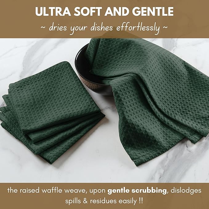 Native Fab Waffle Weave Dish Towels 12 Pack, 100% Cotton Kitchen Dishcloths with Hanging Loop, 16x26 Inches, Super Absorbent, Washable, Quick Dry for Kitchen Cleaning, Drying Dishes, Forest Green