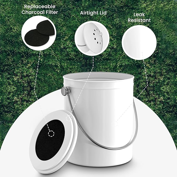 Utopia Kitchen Compost Bin for Kitchen Countertop, 1 Gallon Compost Bucket for Kitchen with Lid, Includes 1 Spare Charcoal Filter (White)