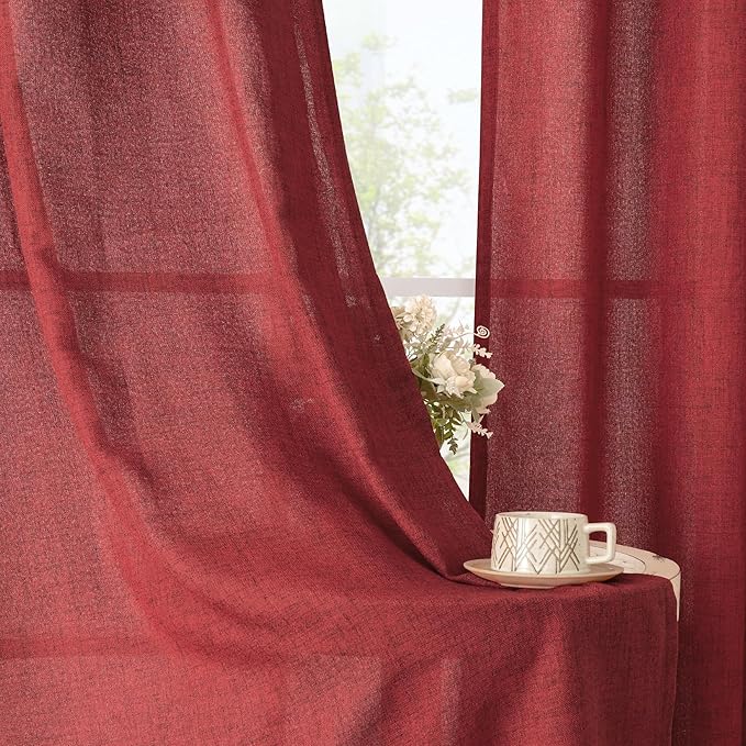 YoungsTex Red Linen Curtains 80 Inch Length for Living Room, Light Filtering Semi Sheer Drapes with Back Tab Rod Pocket for Christmas Bedroom Dining Room, 2 Panels, 52 X 80 Inch