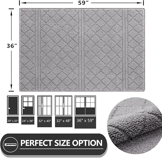 REFETONE Indoor Doormat, Front Back Door Mat 36"x59" Absorbent Rubber Backing Non Slip Door Mats, Low-Profile Resist Dirt Rugs, Machine Washable Door Rug Inside Floor Mat for Entryway, Light Grey