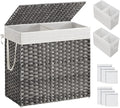 SONGMICS 130L Clothes Hamper with Lid, 2 Removable Liner Bags, 6 Mesh Bags, Wicker, Double Laundry Basket for Bathroom, 13 x 26 x 23.6 Inches, Gray ULCB253G01