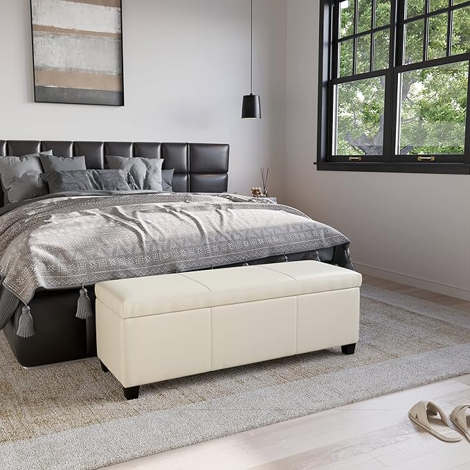 BELLEZE Storage Faux Leather Ottoman, 47 Inch Bench Bedroom Bench with Safety Close Hinge, Extra Long Ottoman with Storage for Living Room, Entryway, Foot Rest, Support 300lbs - Cream