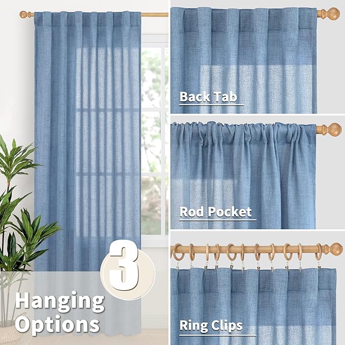 YoungsTex Denim Blue Linen Curtains 63 Inch Length for Bedroom - Light Filtering Semi Sheer Drapes with Back Tab Rod Pocket for Short Window Living Room Office Kitchen, 52 x 63 Inch, 2 Panels