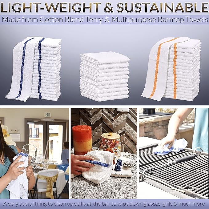 GOLD TEXTILES New Cotton Blend White Restaurant Bar Mops Kitchen Towels (36, Blue Stripe)