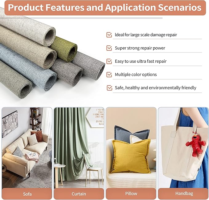 KING MOUNTAIN Fine Linen Repair Patches, Self-Adhesive Linen Fabric Patches, 12X40 inch Extra Size, Multi Color, Can be Used for Linen Sofa Repair and Linen Clothes Repair(12" x 40",Cream-Gray)