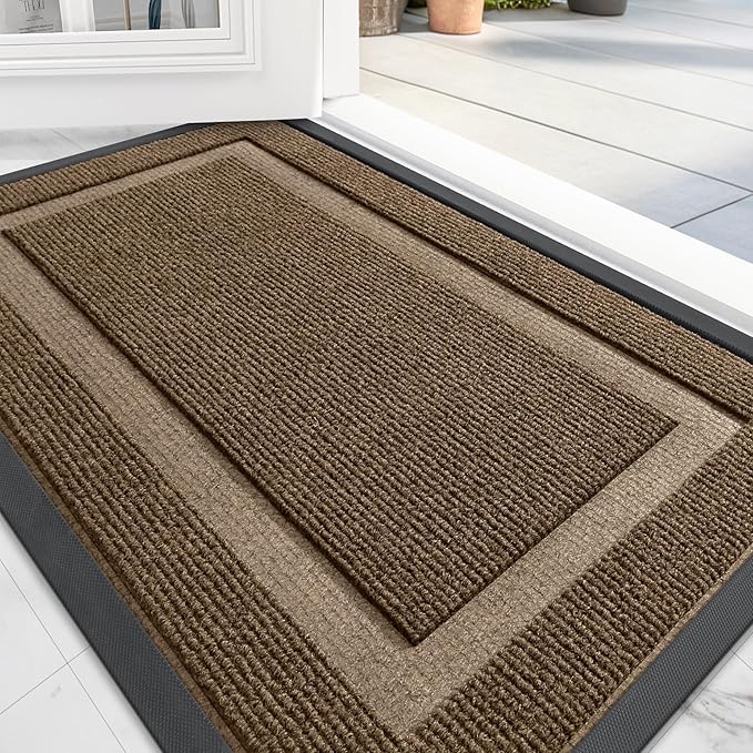 OLANLY Front Door Mat Indoor Outdoor Entrance, Waterproof All-Season, All-Weather Doormat, Sturdy Natural Rubber, Fade Resistant, Low Profile, Easy Clean Patio Porch Entryway Mat, 36x24, Brown