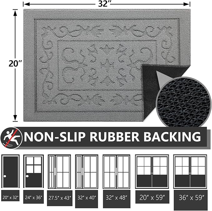 FONEYI Indoor Door Mat 20" x 32", Dirt Trapper Door Mats Non-Slip Entryway Rugs Washable, Absorbent Resist Dirt Welcome Mat, Low Profile Inside Floor Mats for Front Back Door and Entryway, Light Grey
