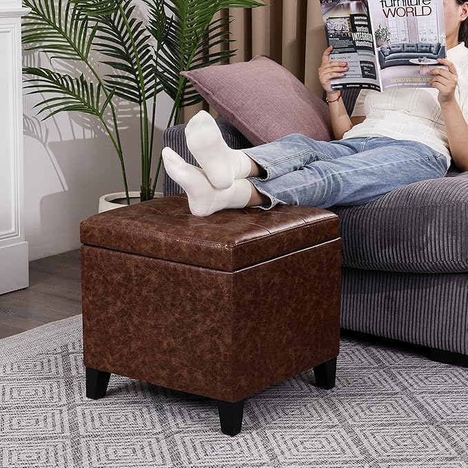 Adeco 18" Storage Ottoman Foot Rest Stool, Walnut Leather Ottoman with Black Solid Wood Legs and Hinged Lid, Small Foot Stool for Living Room, Bedroom