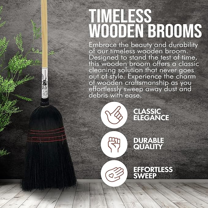 Handmade Amish Corn Broom with Wooden Handle – 57" Heavy Duty Broom for Courtyard, Lobby & Market, 100% Corn Fill Straw Broo'm, 4 Sews Indoor & Outdoor Bristle for Sweeping - Black
