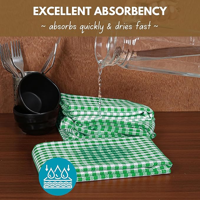 Native Fab Kitchen Dish Towels 16x26 inches Set of 4 Gingham Mini Check- 100% Cotton Dish Cloths for Washing Dishes, Absorbent Hand Towels with Hanger - Green White