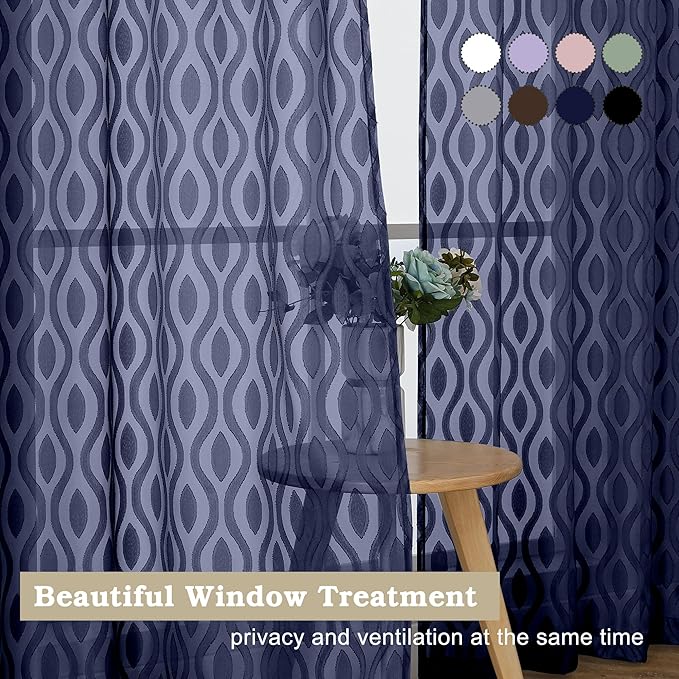 Aiyufeng Navy Blue Curtains - 84 Inch Length (2 Panels), Airy Lightweight Clip Jacquard Light Filtering Bedroom/Living Room Curtains - 80 Inch Width, Wavy Line Rod Pocket, Modern Style