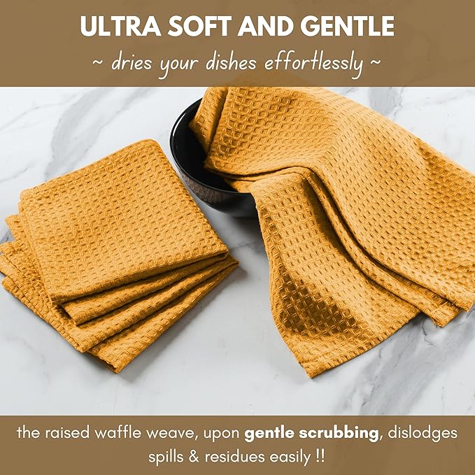 Native Fab Cotton Kitchen Towel with Hanging Loop 16x26 inches, 4-Pack, Waffle Weave Kitchen Towels for Cleaning Drying, Washcloths Soft & Absorbent Cloth Rags, Bar Towel, Dish Cloth, Mustard Yellow