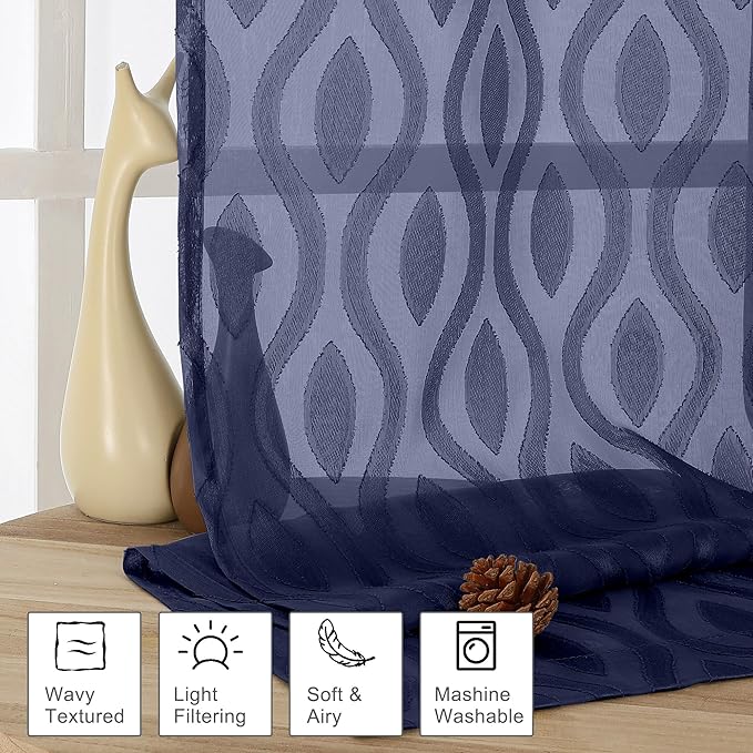 Aiyufeng Blue Sheer Curtains 63 Inch Length 2 Panels Set, Airy Light Filtering Solid Clip Jacquard Farmhouse Curtians for Bedroom Living Room, Modern Wavy Line Panel Curtains, 40" WX63 L Inches