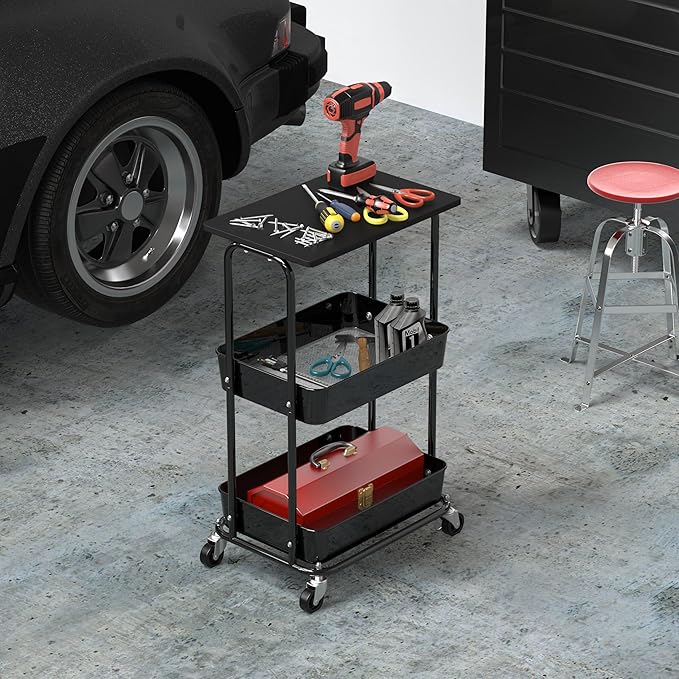 Simple Houseware 2-Tier Rolling Utility Cart with Lockable Wheels and Wood Top, Metal Storage Organizer Trolley for Kitchen, Bathroom, Office, Craft Room, Black