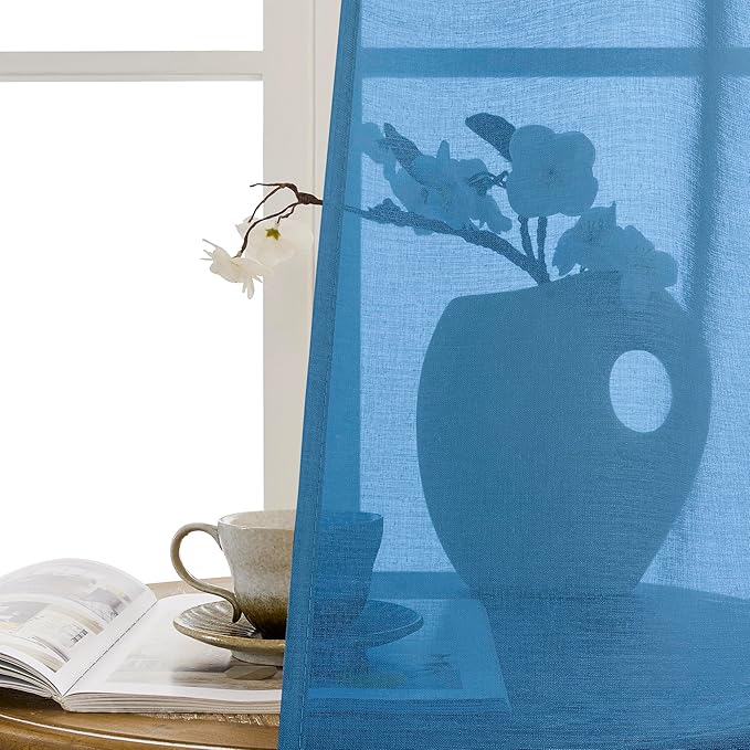 Tollpiz Sheer Door Curtains Closet Linen Textured Curtains Sheer Doorway Light Filtering Voile Rod French Door Pocket Curtain Patio Glass Door, 25 x 72 inches Long, Classic Blue, Set of 1 Panel