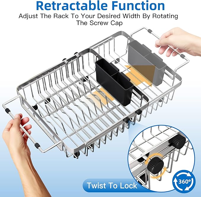 romision Expandable Dish Drying Rack Over The Sink Small Metal Stainless Steel Plate Holder for Compact Kitchen, Space Saving Modern Silver Hanging Drainer