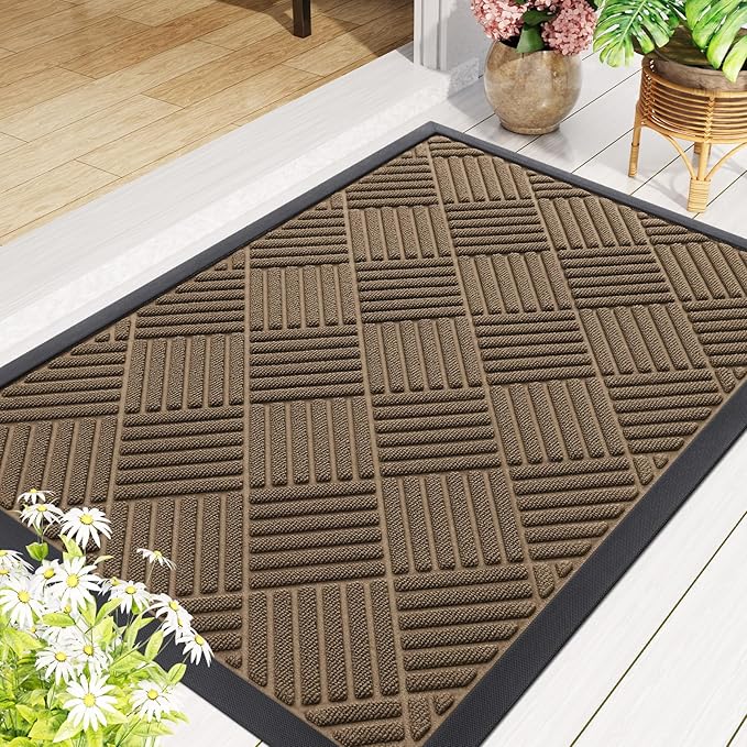 Smiry Front Door Mat Outside Entrance, Heavy Duty Outdoor Indoor Natural Rubber Doormat, Non Slip, Trap Dirt and Moisture, Easy Clean, Low Profile Patio Porch Entryway Mat, 29.5x17, Brown