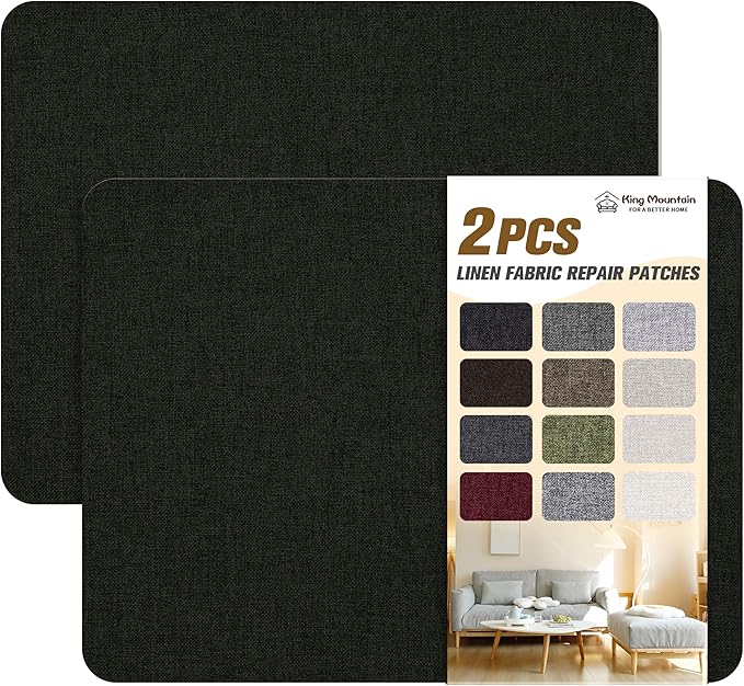 KING MOUNTAIN Fine Linen Repair Patches, Self-Adhesive Fabric, 8X11 Inch 2 PCS, Multi Color, for Sofa and Clothes (Charcoal Black)