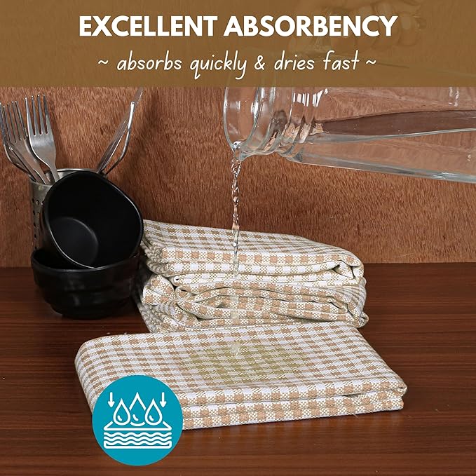 Native Fab Gingham Check Kitchen Dish Towels 16"x26" Set of 12-100% Cotton Mini Plaid Washcloths - Absorbent Dish Cloths Set, Cleaning Hand Towels with Hanging Loop - Beige White
