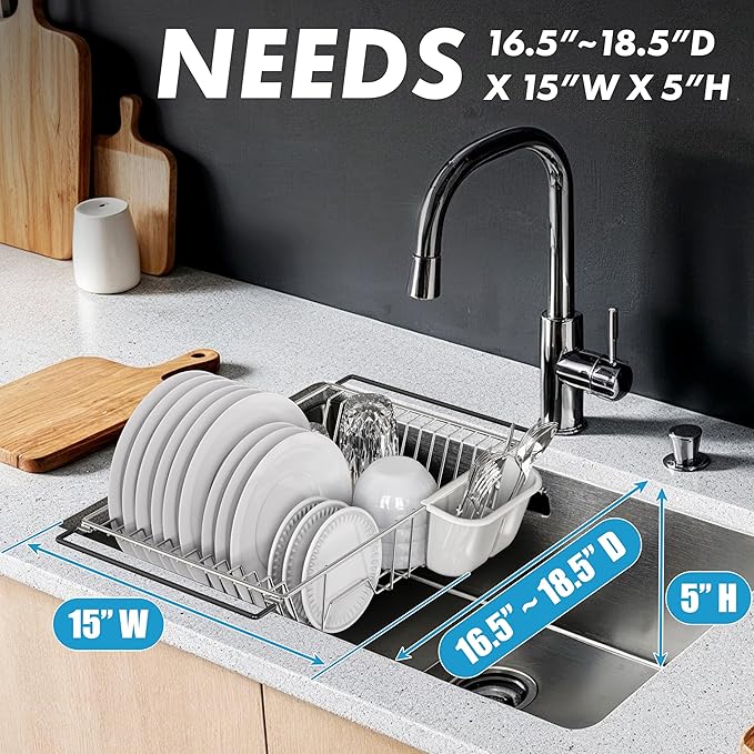 SIMPLE HOUSEWARE Large Over Sink Counter Top Stainless Steel Dish Drainer Drying Rack with Utensil Holder, Chrome