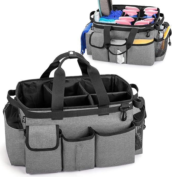 LoDrid Large Wearable Cleaning Caddy Bag with Detachable Divider, Cleaning Organizer with Handles, Cleaning Supply Tote with Adjustable Shoulder Strap for Cleaners & Housekeepers, Grey