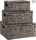 Wicker Storage Baskets with Lids and Handles, Hand Woven Rattan Storage Bins Box, Set 3 Black Water Hyacinth Decorative Large Small Basket Container for Shelves, Bathroom Organizing