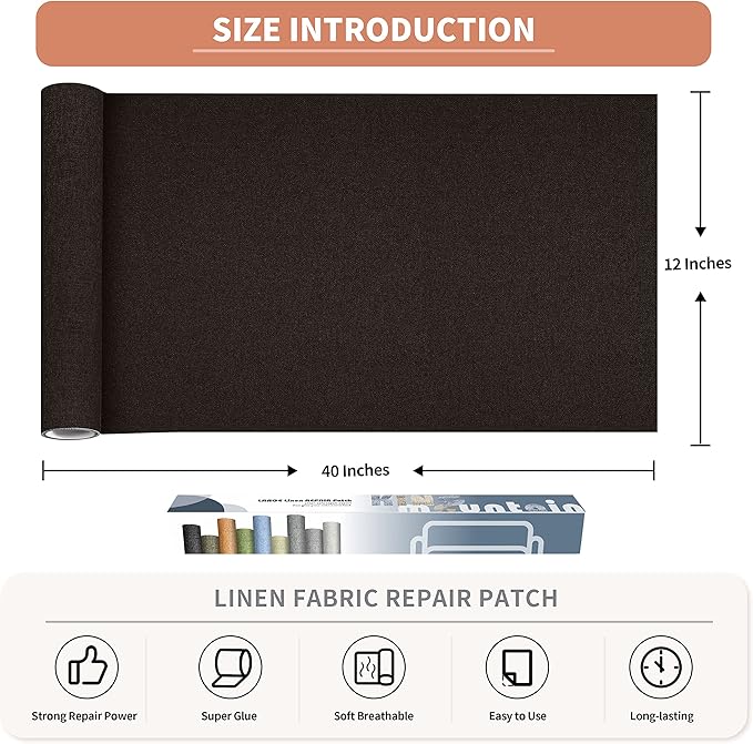 Fine Linen Repair Patches, Self-Adhesive Linen Fabric Patches, 12X40 inch Extra Size, Multi Color, Can be Used for Linen Sofa Repair and Linen Clothes Repair (12" x 40", Dark Brown)