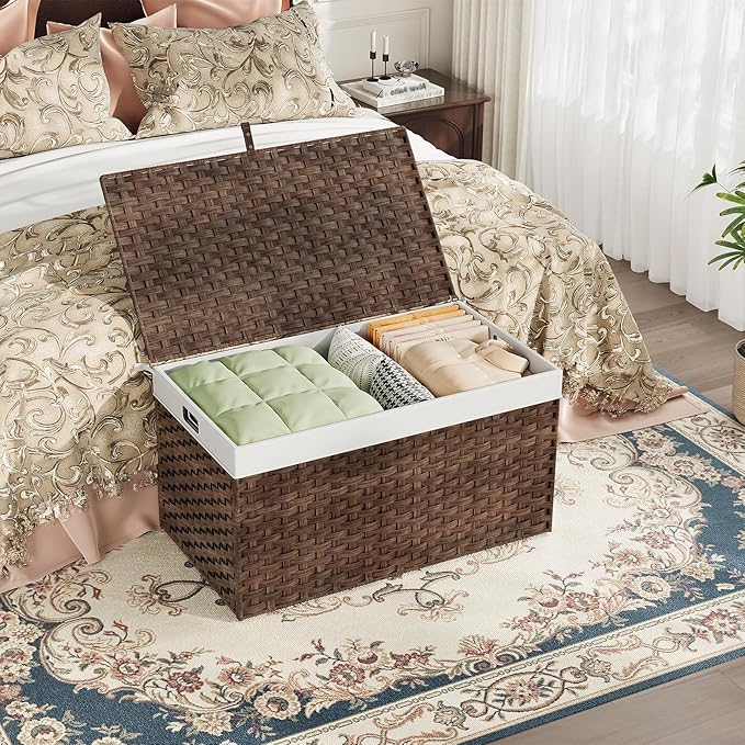 HOOBRO Storage Basket with Lid, 42.3 Gallon (160L) Wicker Basket, Handwoven Blanket Storage Basket with Handles, Metal Frame and Soft Lining, Foldable for Bedroom, Laundry Room, Brown BR216CW01