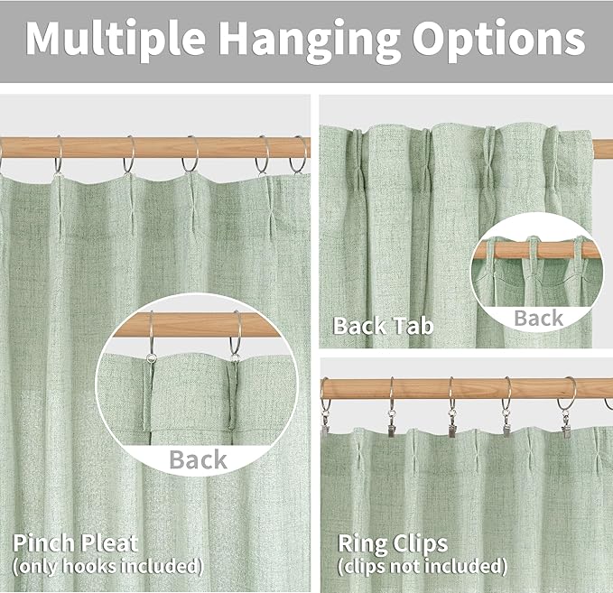 YoungsTex Sage Green Linen Curtains 90 Inch Length Living Room, Textured Semi Sheer Drapes Light Filtering with Pinch Pleated Window Treatments for Bedroom Dining Room, 2 Panels, 40 X 90 Inch