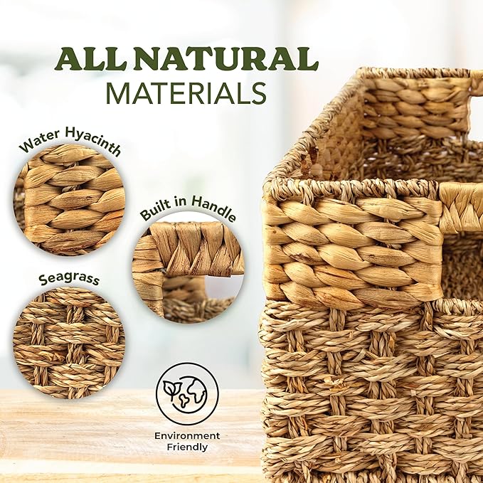 Seagrass and Hyacinth Nesting Wicker Basket, Multi-Size, 4 pack, Natural Woven Storage Baskets for Organizing Living Room, Shelves, Pantry