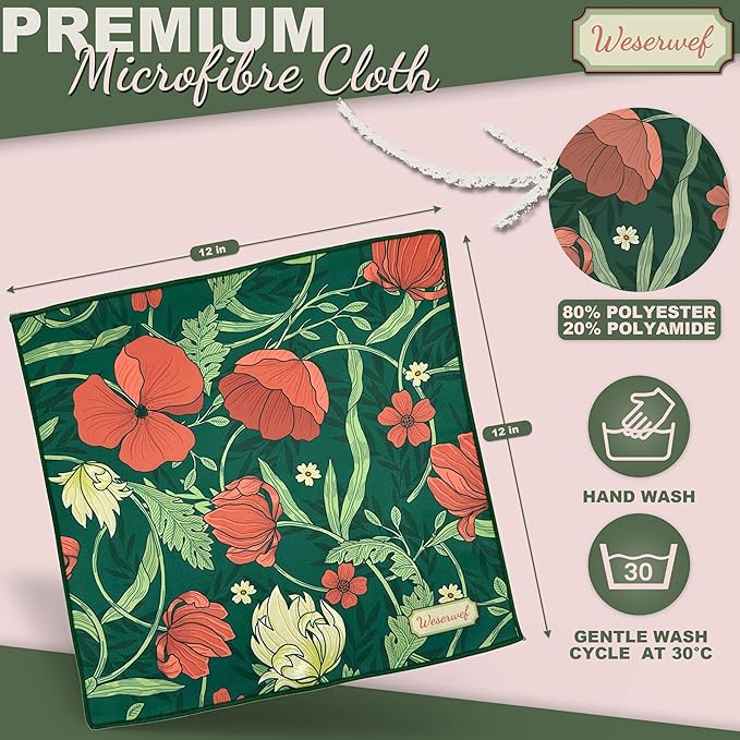 WESERWEF Design Microfiber Glasses Cleaning Cloth – Premium Cleaning Cloth for Eyeglasses, Screens, Tablets, Cameras & Lenses, 12" x 12", Ultra-Soft & Scratch-Free (Garden)