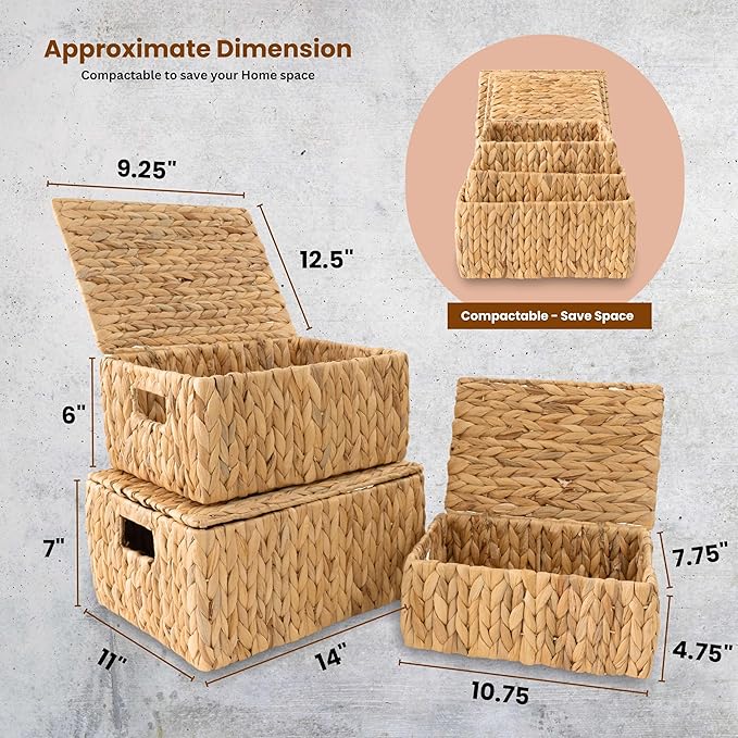Wicker Storage Baskets with Lid, Set 3 Basket With Lid Decorative Storage Rectangle Wicker Storage Basket Large Rattan Storage Box Hyacinth Baskets