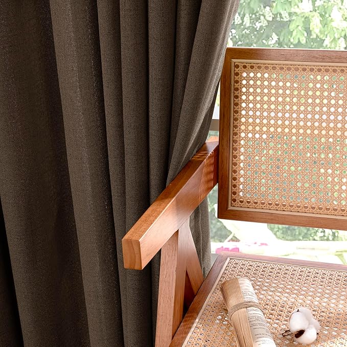 YoungsTex Dark Brown Linen Curtains for Living Room 2 Panels, Chocolate Light Filtering Window Drapes with Rod Pocket Back Tab Textured Semi Sheer for Dining Bedroom, 52 X 72 Inch